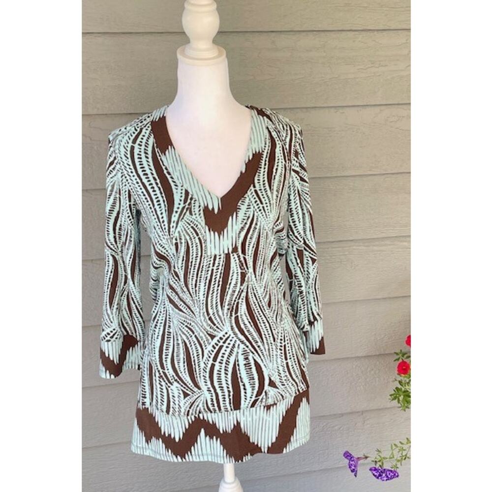 Tommy Bahama Women Size XS V-neck 3/4 Sleeve‎ Tunic Top Brown & Aqua